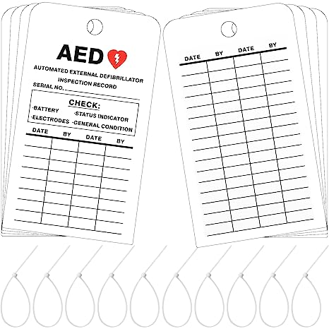 AED Defibrillator Inspection Tag - 5.75'' x 3.27'' Double Sided Inspection Record Tags with Cable Zip Ties